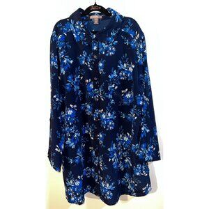 White Stag Navy Floral Button-Up Blouse Size 1X (16w) Long Sleeve